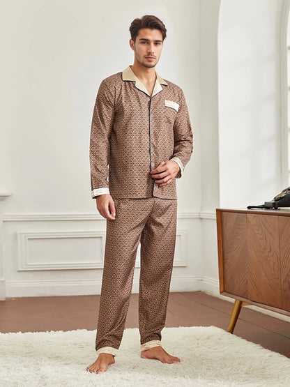 Men's Silky Satin 2PCS Pajama Set, Printed Long Sleeve Shirt & Elastic Waist Pants, Comfortable Homewear Loungewear Mens Pajamas