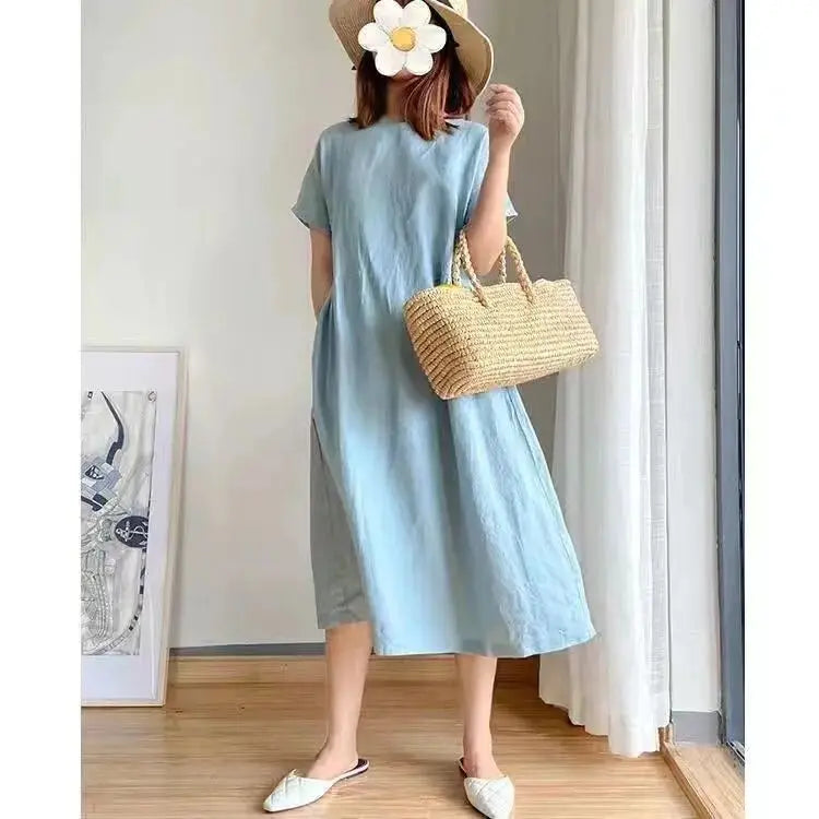 Casual Cotton Linen Dress Artistic Short Sleeve Midi Skirt Women's Fashion Summer round Neck Single Piece A-Line Skirt