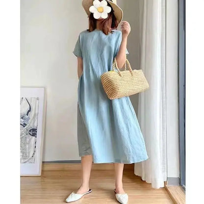 Casual Cotton Linen Dress Artistic Short Sleeve Midi Skirt Women's Fashion Summer round Neck Single Piece A-Line Skirt