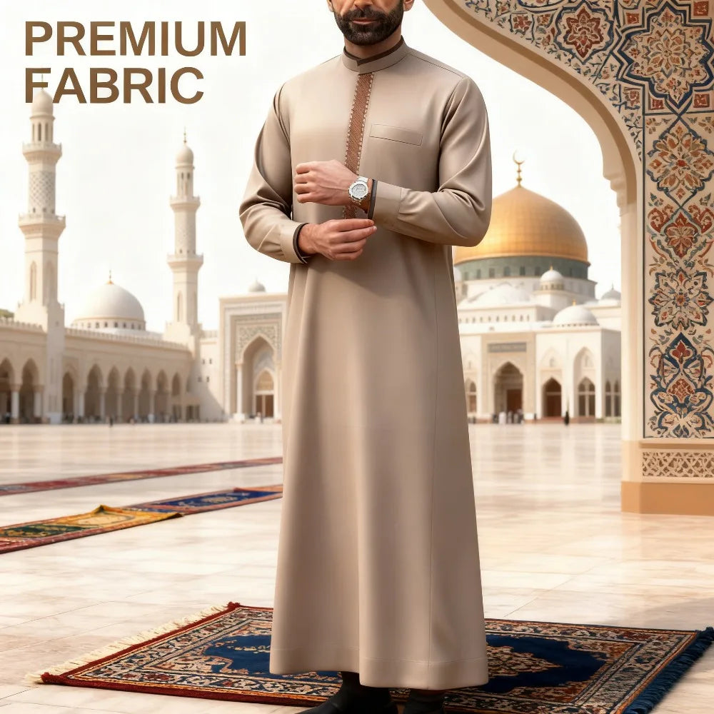 Men's Embroidered Stand Collar Transparent Fabric Arabic Long Sleeved Robe Traditional Middle Eastern Clothing