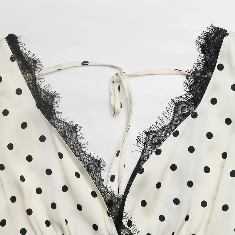 Women's Summer French Vintage Polka Dot Dress Sexy V Neck Lace Trim Short Sleeve Long Maxi Dress Vacation Beach Outfit 2026