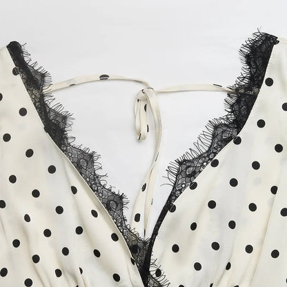 Women's Summer French Vintage Polka Dot Dress Sexy V Neck Lace Trim Short Sleeve Long Maxi Dress Vacation Beach Outfit 2026