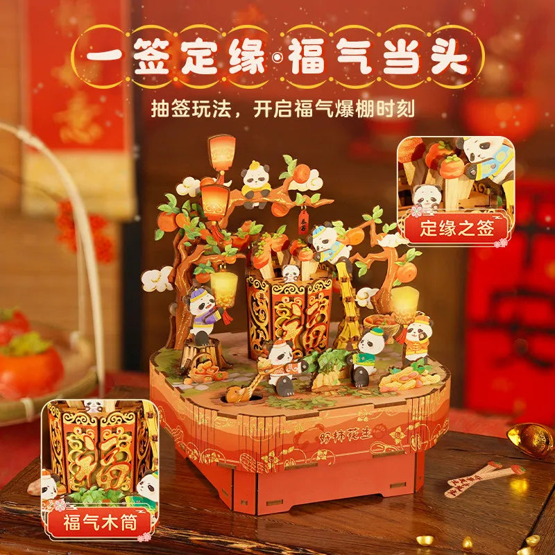 Tonecheer Lucky Mahjong City Music Box Wooden Puzzle Building Blocks Diorama Model Kit 3D Wooden Gift Toy Dollhouse Decoration