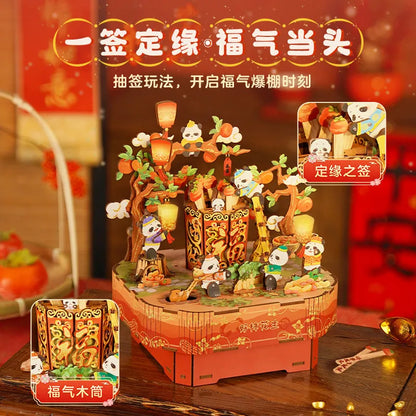 Tonecheer Lucky Mahjong City Music Box Wooden Puzzle Building Blocks Diorama Model Kit 3D Wooden Gift Toy Dollhouse Decoration