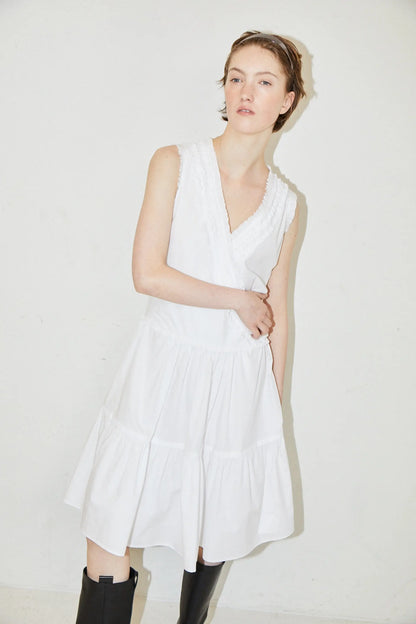 FARVEV Women's Casual Gored Skirt Dress V-neck Sleeveless Pleated Waist-cinched Midi Dress Cotton Spring Autumn Winter