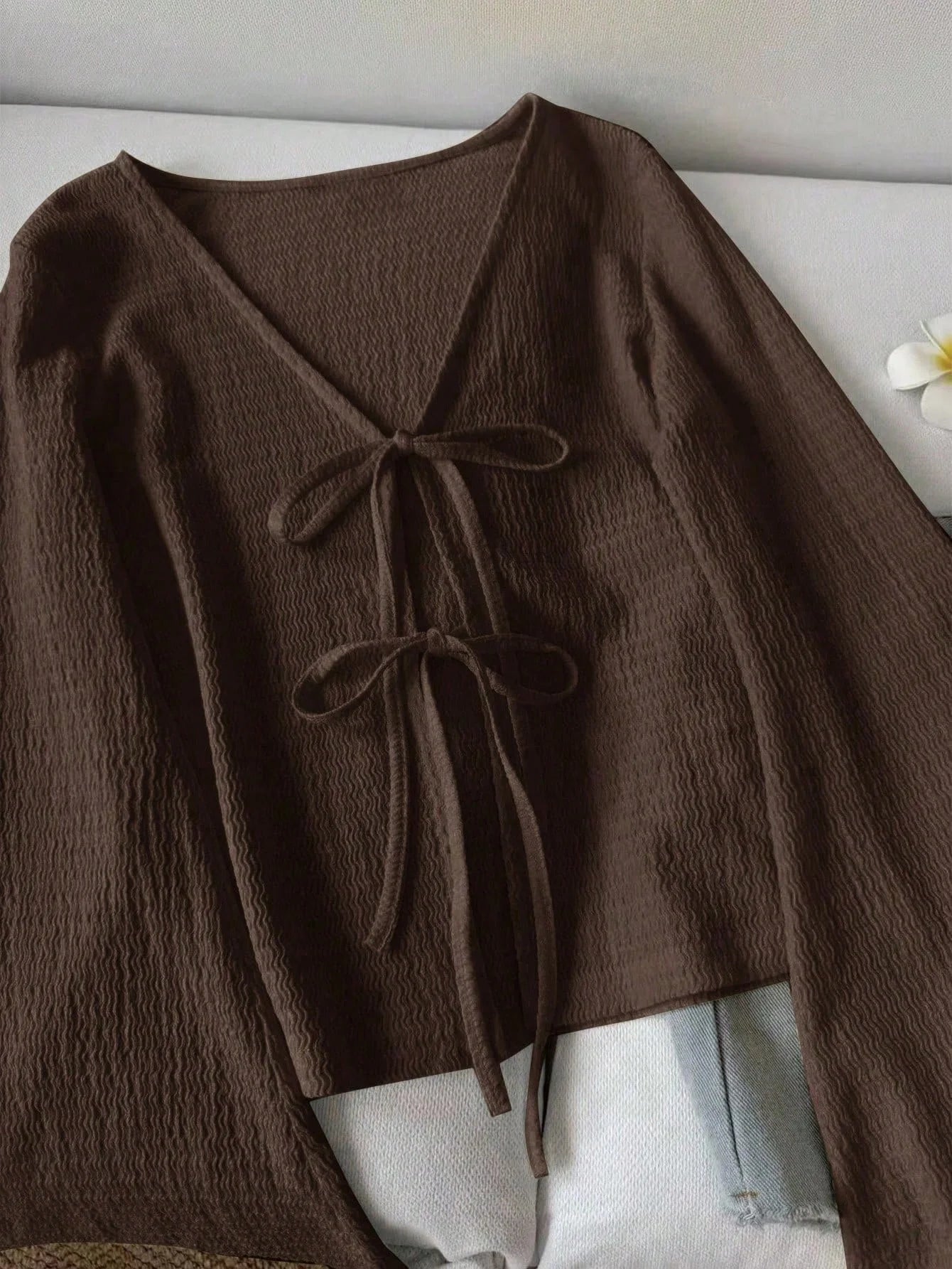Ladies' Spring and Autumn Winter Brown Texture V-neck Strap Loose Casual Long sleeved T-shirt Top