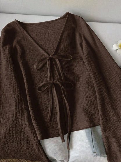 Ladies' Spring and Autumn Winter Brown Texture V-neck Strap Loose Casual Long sleeved T-shirt Top