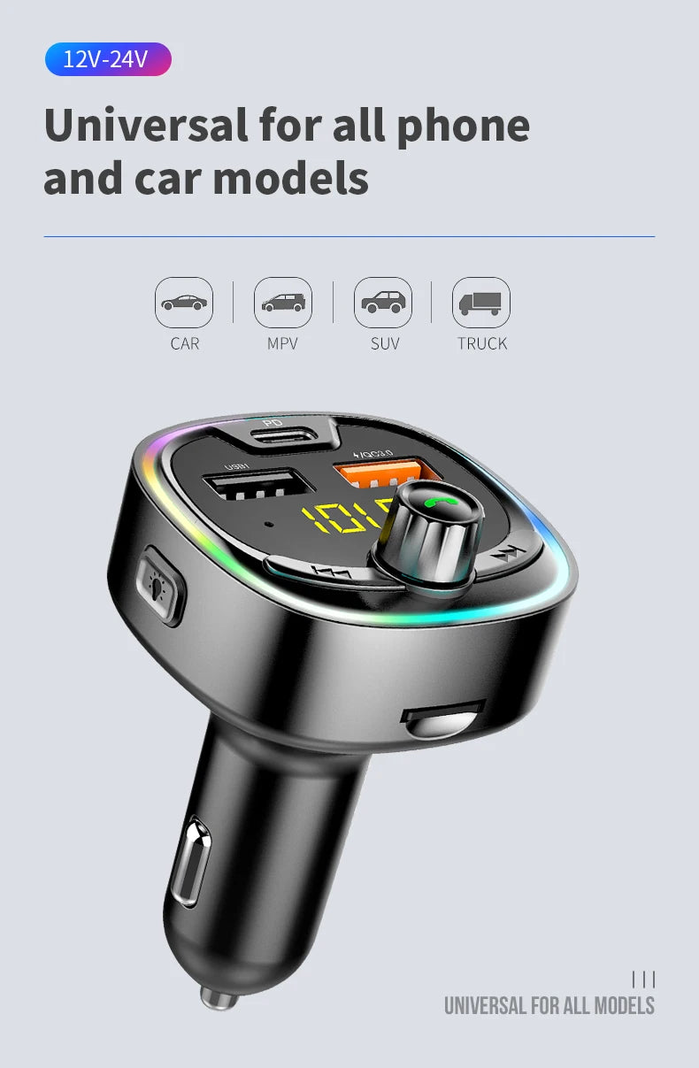 Car FM transmitter, wireless 5.0 QC3.0 & PD 18W USB-C car charger, RGB backlit car receiver, supports hands-free calls, Siri Goo