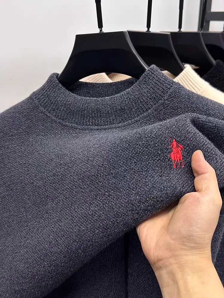 High end brand velvet sweater men's new designer fashion exquisite pony embroidery winter thick warm round neck knitted pullover