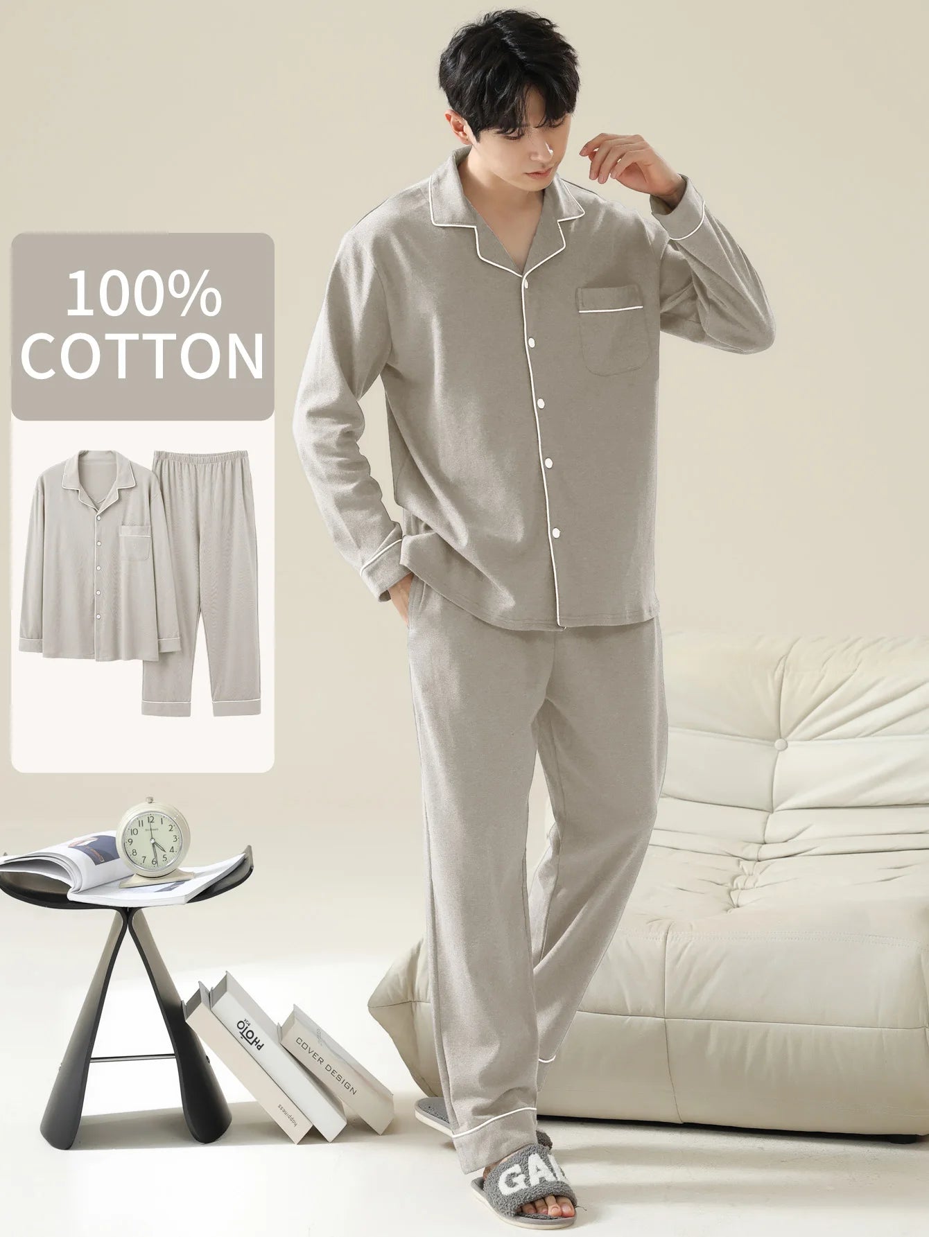 Men's 100% cotton long sleeved four season plus size men's sleepwear, teenage pure cotton home suit set for warmth