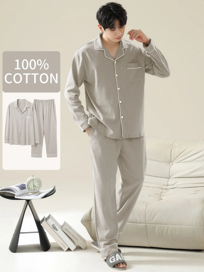 Men's 100% cotton long sleeved four season plus size men's sleepwear, teenage pure cotton home suit set for warmth