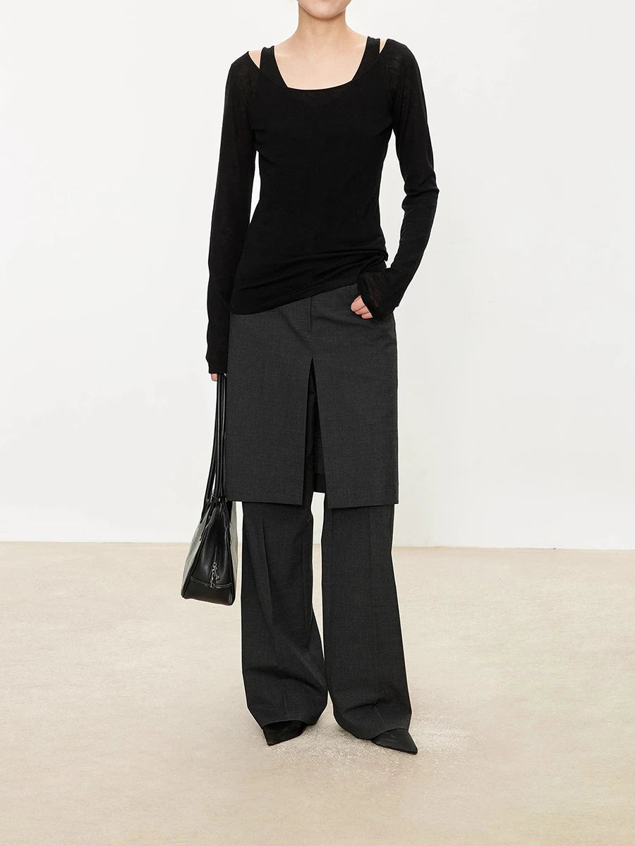 RORORIRI Black Low Waisted Suit Pants for Women Fake Two-piece Skirt Pants Straight Leg Casual Pants Pantalones Mujer Fashion