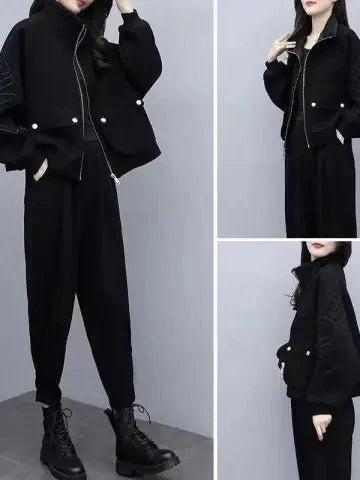 Fashionable Thickened Fleece Women's Large Size Sportswear Set Autumn Winter High Waist Long Pants Two-Piece Suite Anti-Aging