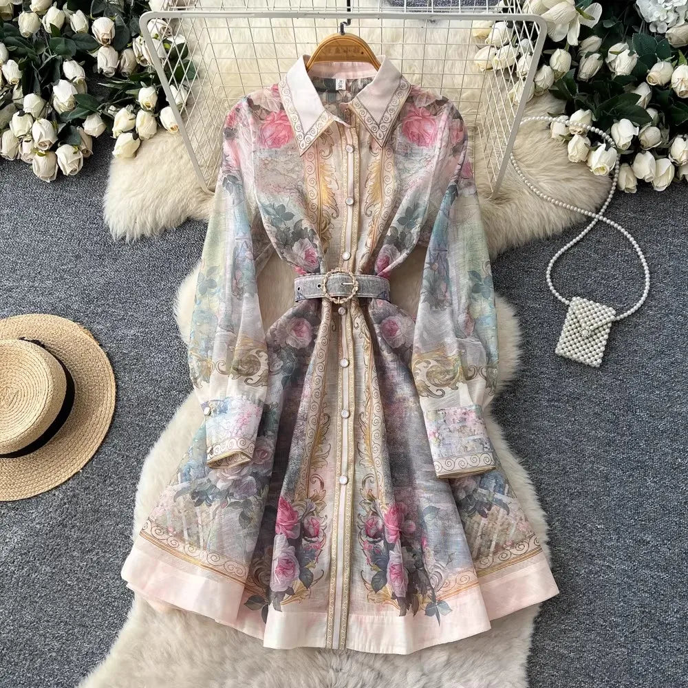 Elegant Flower Printed Linen Mini Dress with Long Lantern Sleeves Women's Lapel Single-Breasted for Birthday Party Club Wear
