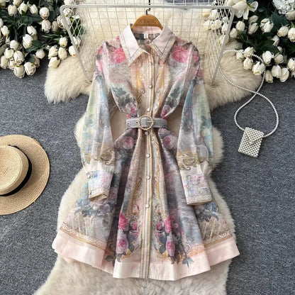 Elegant Flower Printed Linen Mini Dress with Long Lantern Sleeves Women's Lapel Single-Breasted for Birthday Party Club Wear