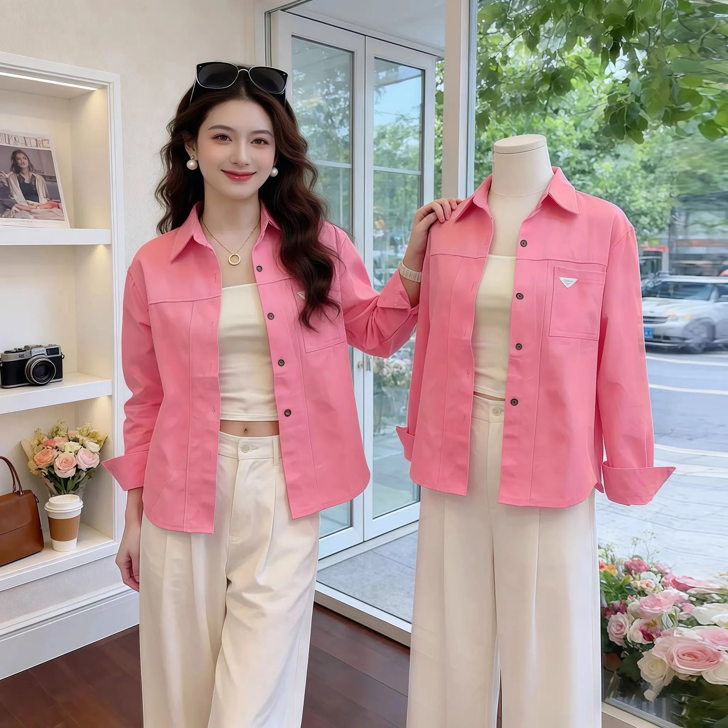 Loose Fit Pure Cotton Long Sleeve  Neck Shirt Women's Casual Style Spring 2026 New Arrival Anti-Wrinkle Age-Defying Top