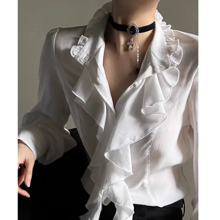 Harajuku Vintage Women Bottoming Shirt Stand Collar Ruffles Slim Fit Blouses Black White 2026 New Long Sleeve Blusas De Mujer