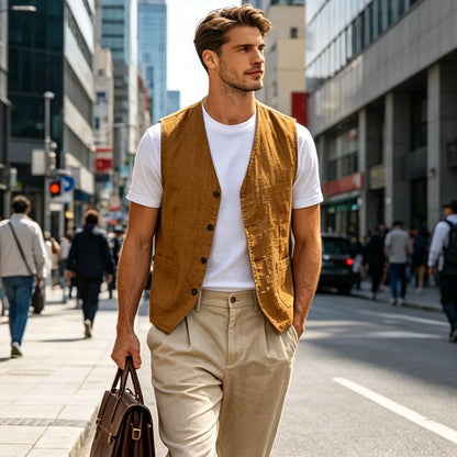 Men's Casual Linen Vest V-Neck Sleeveless Waistcoat Summer Lightweight Breathable Solid Color Button Up Vest For Daily Vacation