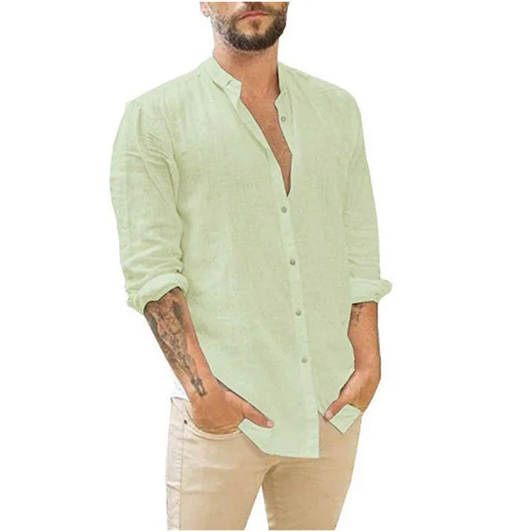 Men's 2026 Men's Linen Cardigan Solid Color Casual Stand-Up Collar Long Sleeve Shirt