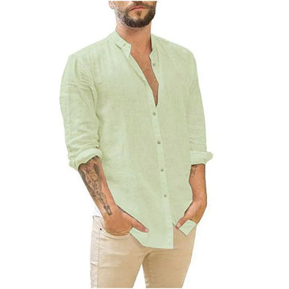 Men's 2026 Men's Linen Cardigan Solid Color Casual Stand-Up Collar Long Sleeve Shirt