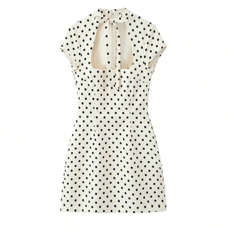 HH Summer Fashion Women's Polka Dot Mini Dress 2026 Short Sleeve Lace Up Collar Party Dress Female Hollow Out Sexy Evening Dress