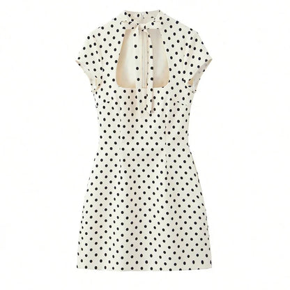 HH Summer Fashion Women's Polka Dot Mini Dress 2026 Short Sleeve Lace Up Collar Party Dress Female Hollow Out Sexy Evening Dress