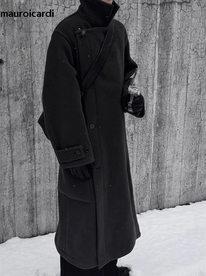 Mauroicardi Autumn Winter Oversized Long Thick Soft Warm Black Wool Blends Coat Men Luxury Designer Clothes Woolen Overcoat 2024