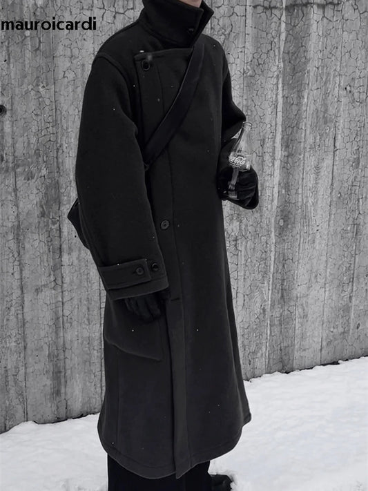 Mauroicardi Autumn Winter Oversized Long Thick Soft Warm Black Wool Blends Coat Men Luxury Designer Clothes Woolen Overcoat 2024