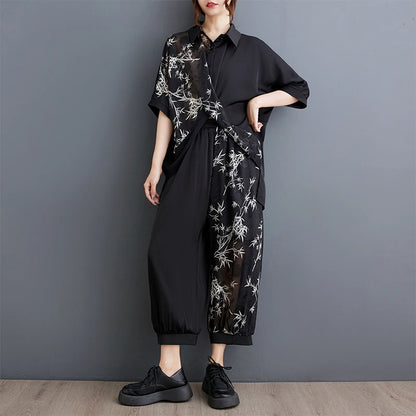 Summer New Loose Artistic Bamboo Print Cross Irregular irt Wide Leg Pants Two Piece Set Good Quali plus Size Faionable