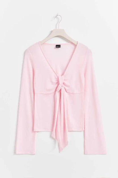 Tie-Strap Design Bowknot Long Sleeve T-Shirt Women's Spring Sexy Slim Fit Thin Smock Tees Casual Sweet Chic Tshirt Babydoll Top