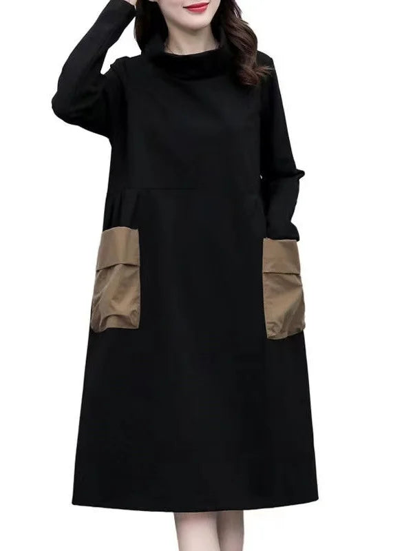 Thickened Fleece Warm Winter Dress for plus Size Women Half High Collar Sleeve Long Mid-Length Straight Cut High Waist Style