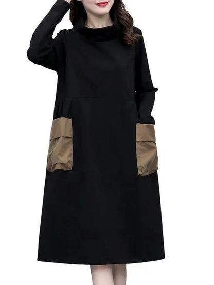 Thickened Fleece Warm Winter Dress for plus Size Women Half High Collar Sleeve Long Mid-Length Straight Cut High Waist Style