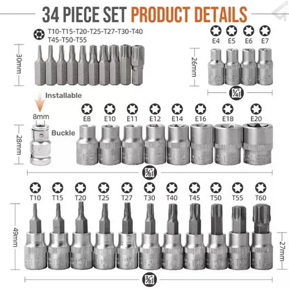 TRD For 34Pcs Torx Star Sockets & Bit Set Handheld Tool Male / Female E- Security Bits Drive Torque Star Socket with Blue Case