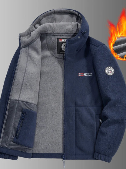 Men's Thickened Fleece Jacket Autumn Winter Double-sided Lamb Fur Hooded Coat Outdoor Windproof Zipper Short Style Polyester