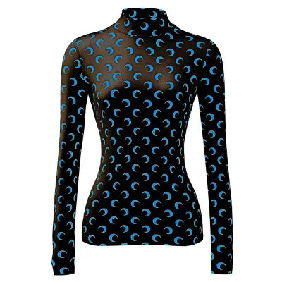 Moon Print Base Layer Shirt Long Sleeve Half High Collar Elastic T-Shirt Layering Trendy Top Inner Wear Autumn Winter for Women