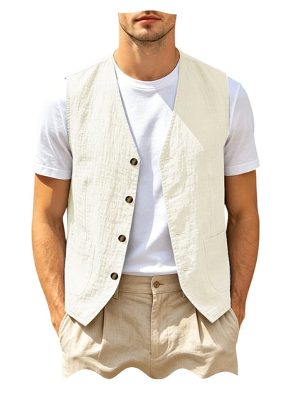 Men's Casual Linen Vest V-Neck Sleeveless Waistcoat Summer Lightweight Breathable Solid Color Button Up Vest For Daily Vacation
