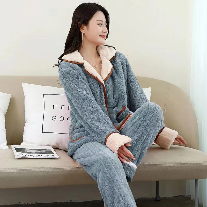 Winter Men's Sleep Pyjamas Coral Velvet Thickened and Fleece Long Sleeve Trousers Flannel Two-piece Set Thermal Pajamas