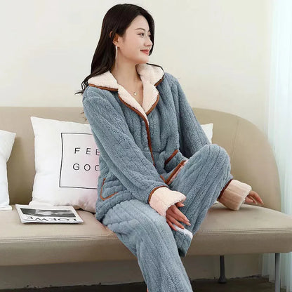 Winter Men's Sleep Pyjamas Coral Velvet Thickened and Fleece Long Sleeve Trousers Flannel Two-piece Set Thermal Pajamas