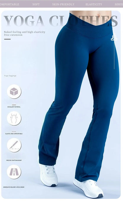 Seamless Flares Women Gym Fashion Yoga High Elastic Flared Pants Waist Cross Seamless Sports Leggings Fitness Wide-leg Trousers