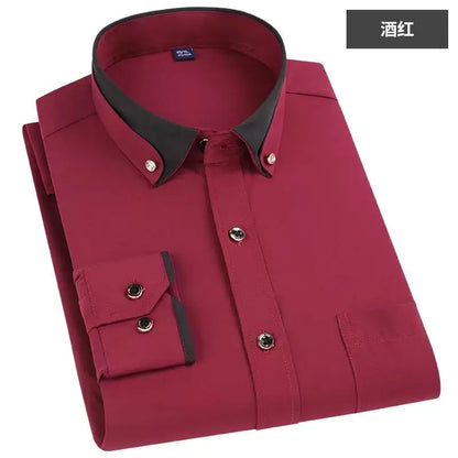Fashion Color Contrast Men's Elastic Non-iron Long-sleeved Business Shirts Diamond Button Single Pocket Comfort Workwear Clothes
