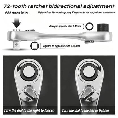 1/4" Mini Ratchet Wrench Drive Ratchet 72tooth Drive Socket and Screwdriver Hex Torque Wrench Multifunctional Hand Tools Repair