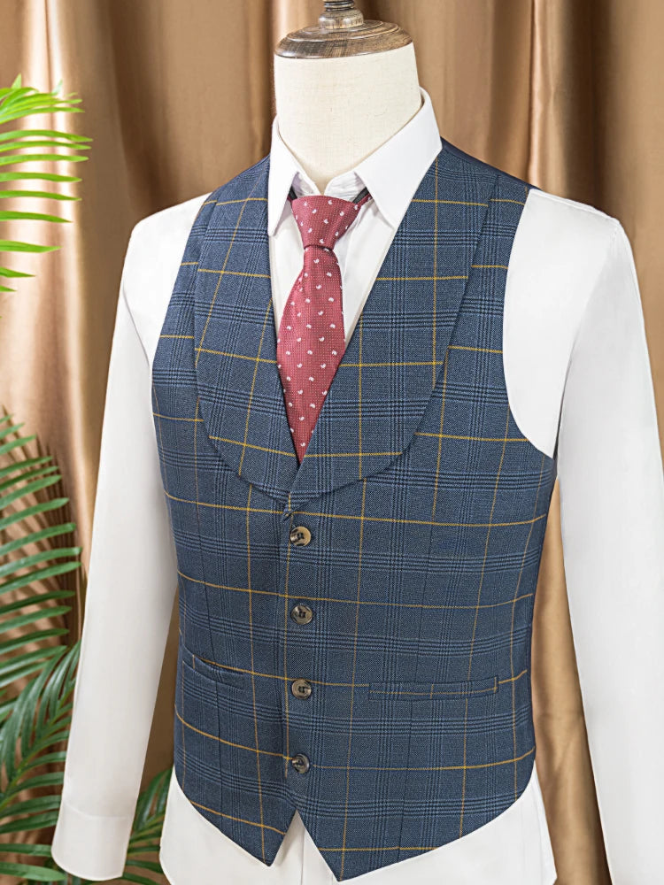 ST Cassy High Quality 3 Piece Checkered Suit Set Men Stylish Business Office Wedding Formal Outfit Full Elegant Man Suit