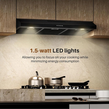 Black Under Cabinet Range Hood 36 Inch, Ducted/Ductless Convertible Kitchen Hood with 3 Speed Exhaust Fan, 300 CFM, LED