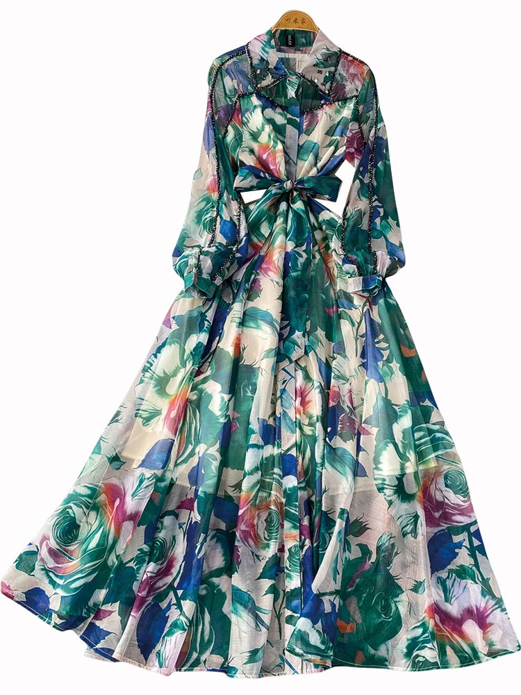 Gemstone Embedded Diamond Collar Dr Women's Autumn Slimming Beautiful Holiday Print Full Skirt Long Dr