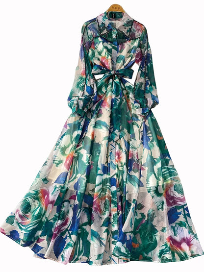 Gemstone Embedded Diamond Collar Dr Women's Autumn Slimming Beautiful Holiday Print Full Skirt Long Dr