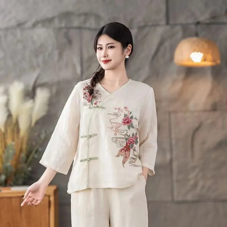 New 2025 Women's Linen Shirt V-Neck Side Button Chinese Style Loose Top National Style Floral Embroidery Thin Summer Fashion