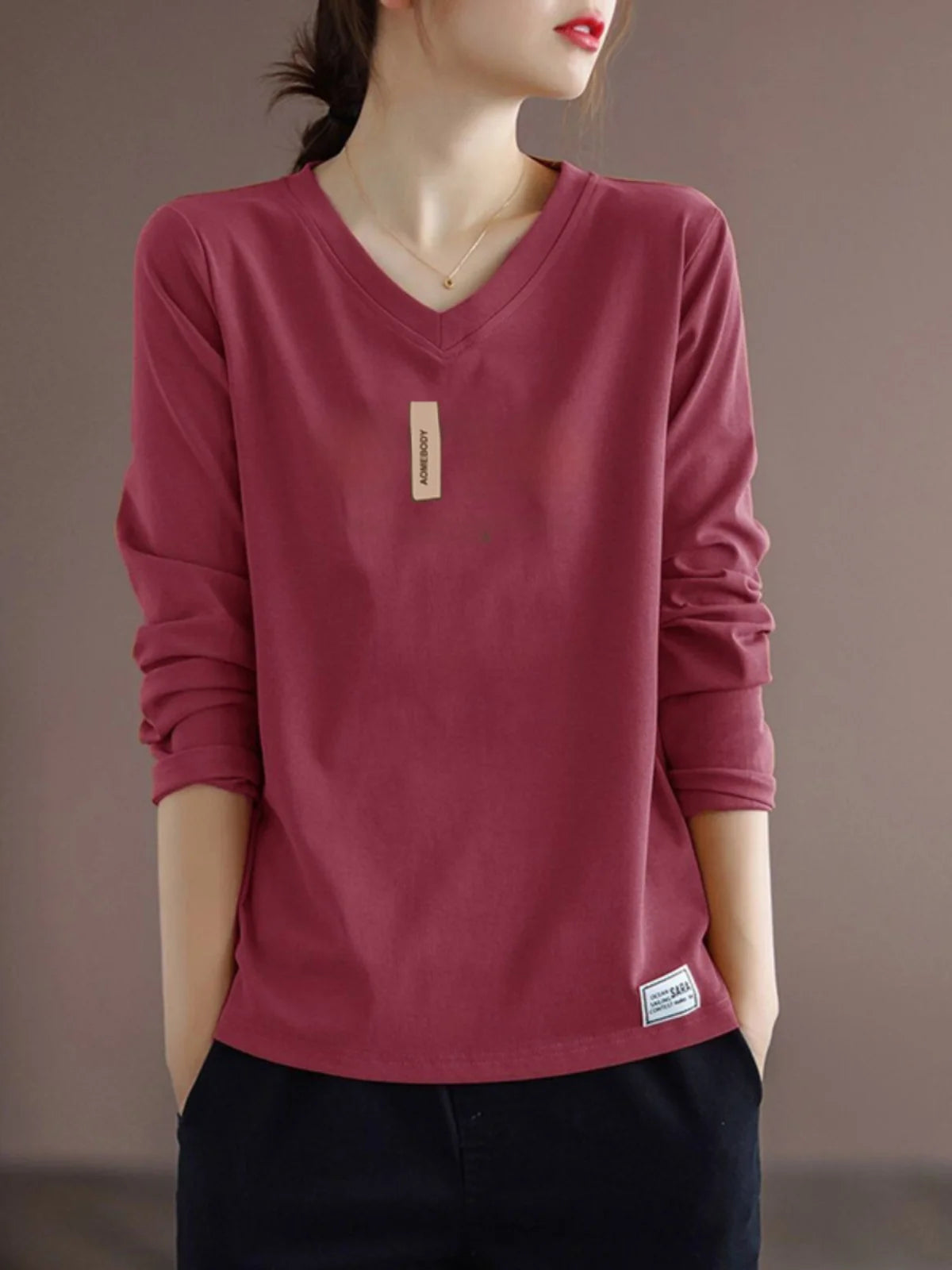 Pure Cotton Long Sleeve Women's T-shirt Autumn Season Versatile Base Layer Top Commute Style Loose Fit Regular Thickness
