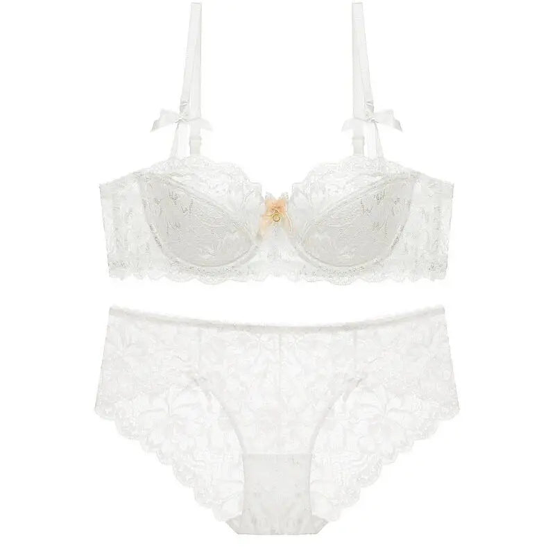 Sexy Lace Half Cup Bra Set Women Soft Underwire Gathered Thin Push Up Lightweight Exquisite Lace Comfort Lingerie Set 4 Colors