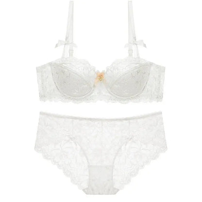 Sexy Lace Half Cup Bra Set Women Soft Underwire Gathered Thin Push Up Lightweight Exquisite Lace Comfort Lingerie Set 4 Colors