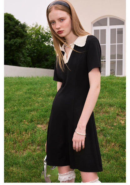 Women Dress Black Elegant Vintage French Style Short Sleeve Cute Casual New Fashion Polo-Neck Office Ladies Mini Dress 2026
